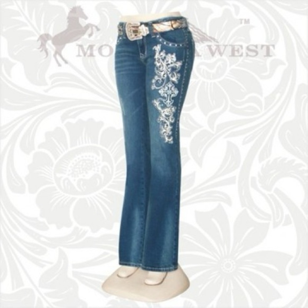 Montana Trinity West stretchy boot cut jeans w studs rhinestone embroidery SZ:17